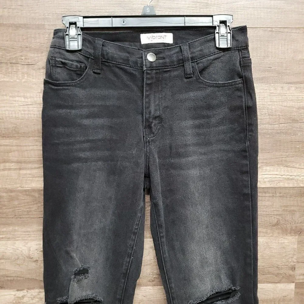 Vibrant Miu Split Leg Vintage Black Bootcut‎ Ripped Jeans Womens Raw Hem 3 / 25